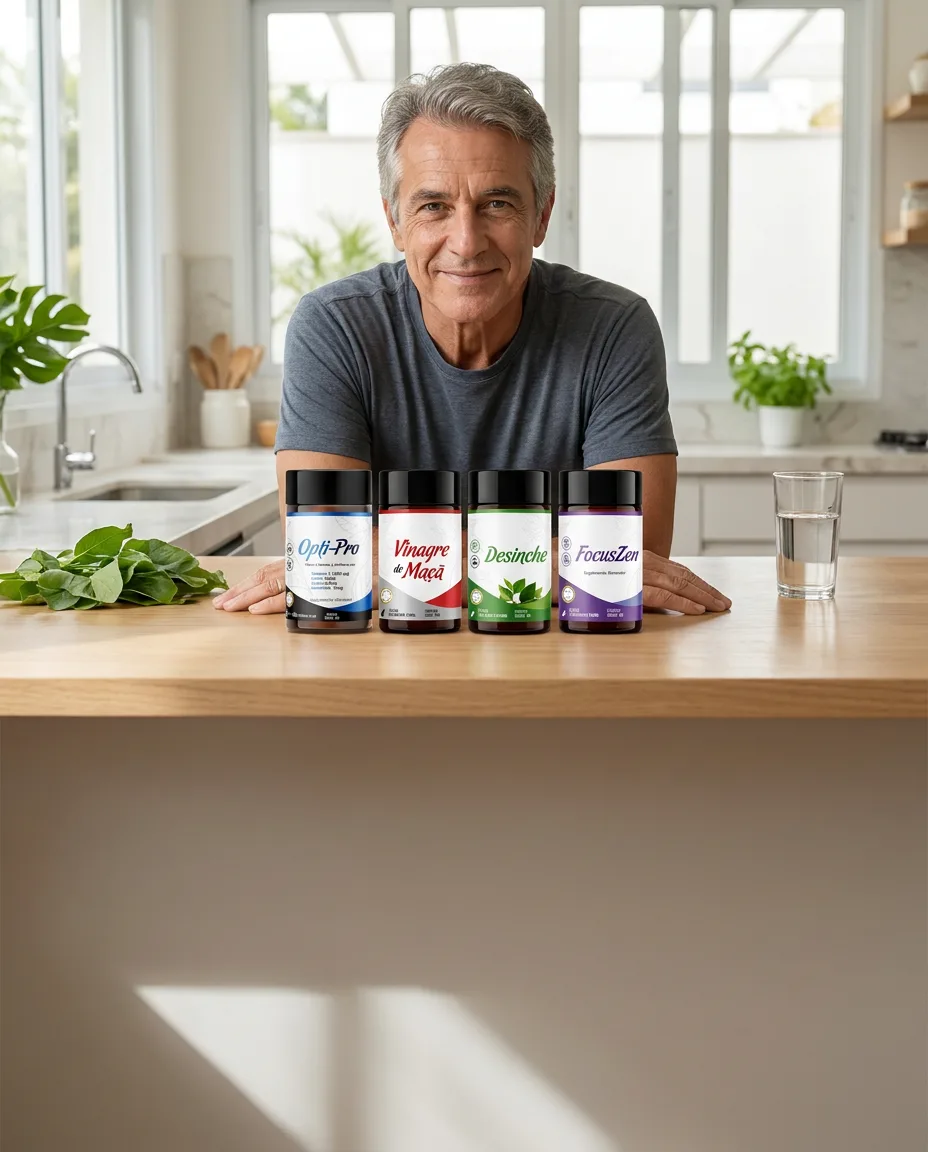 Homem na cozinha com os quatro frascos do Combo PuraVitta